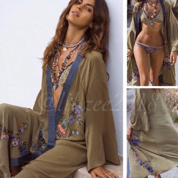 Other - Embroidered Floral Bohemian Kimono Robe Swimsuit Cover-Up in Olive Green
